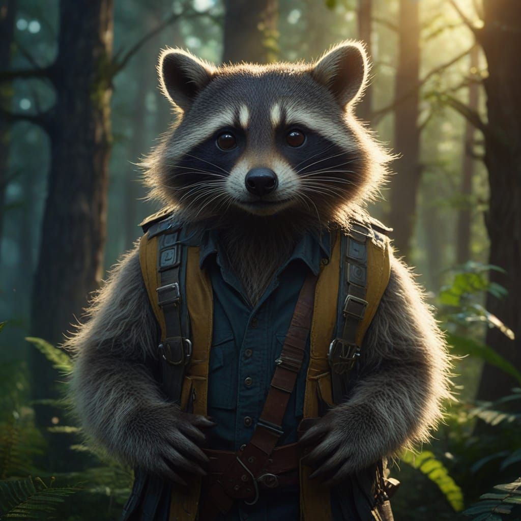 Raccoon-Human Hybrid in Mystical Forest