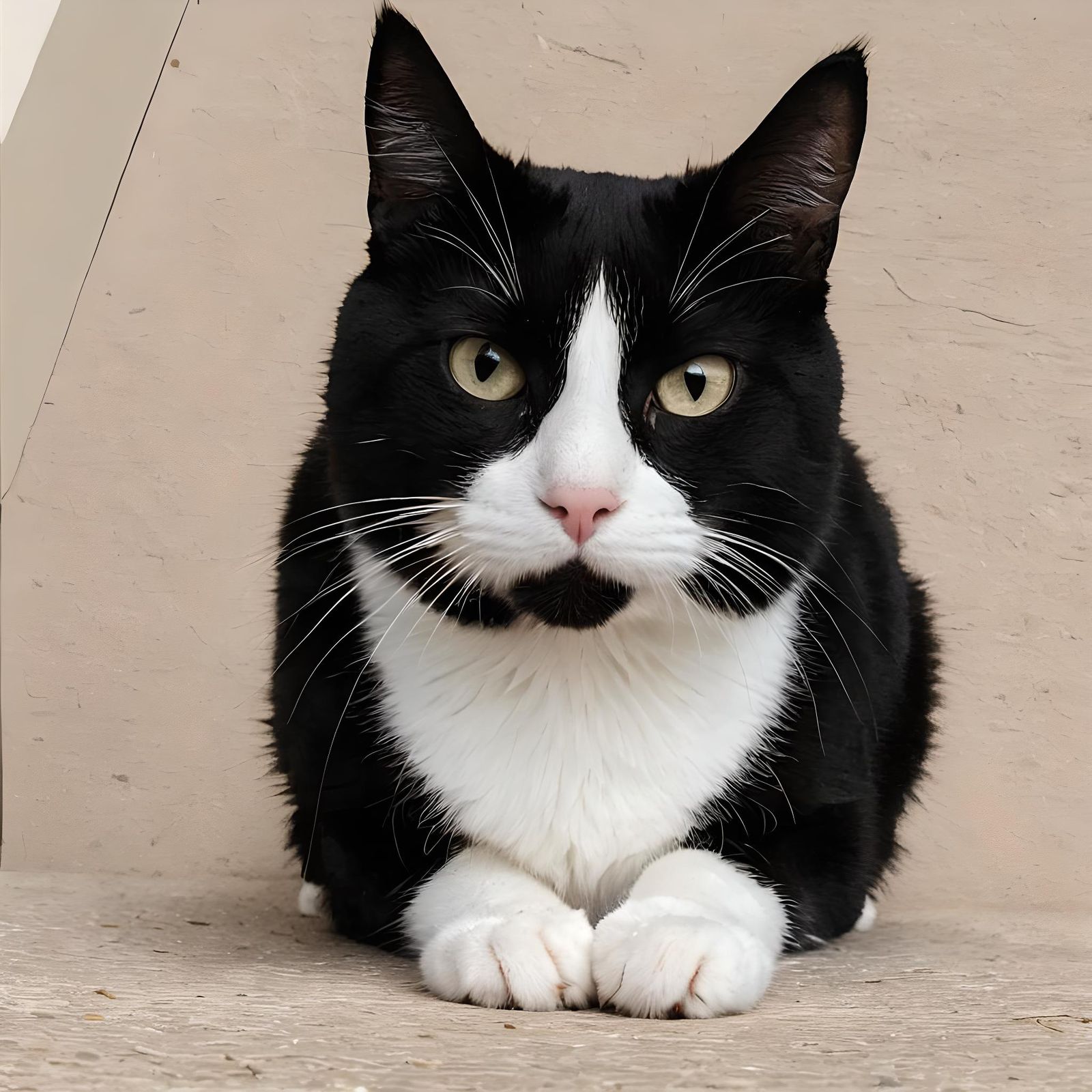 A tuxedo cat crouching down