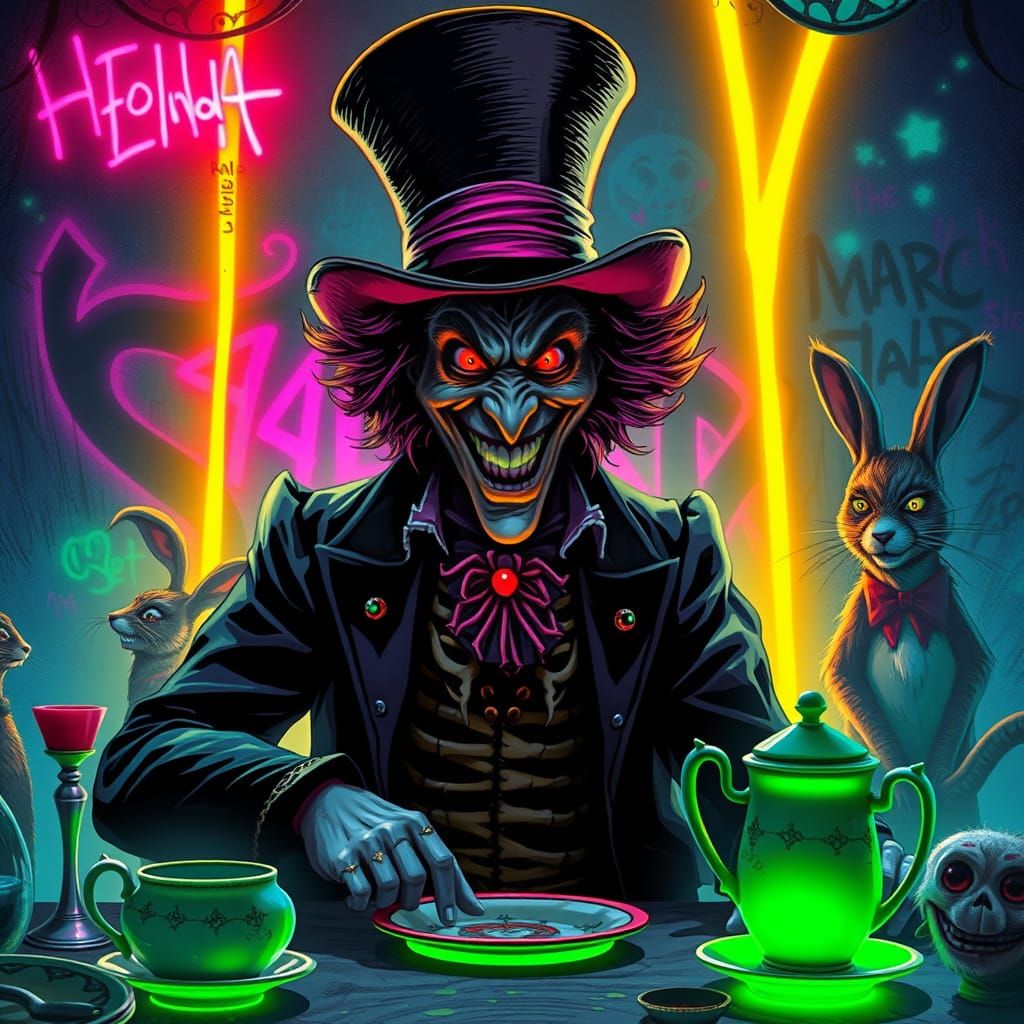 Mad Hatter's Twisted Tea Party in Cyberpunk Comic Book Style