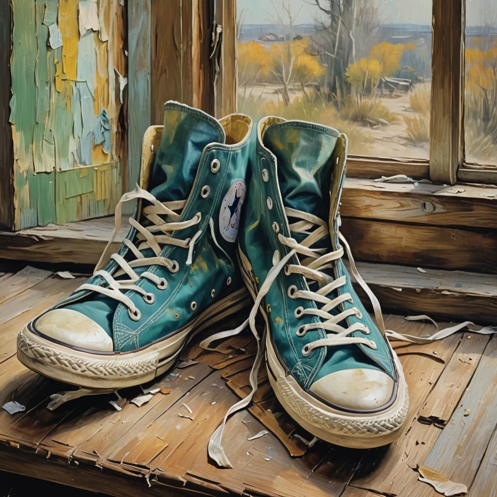Worn Sneakers: Expressionist Oil Painting with Vivid Shadows