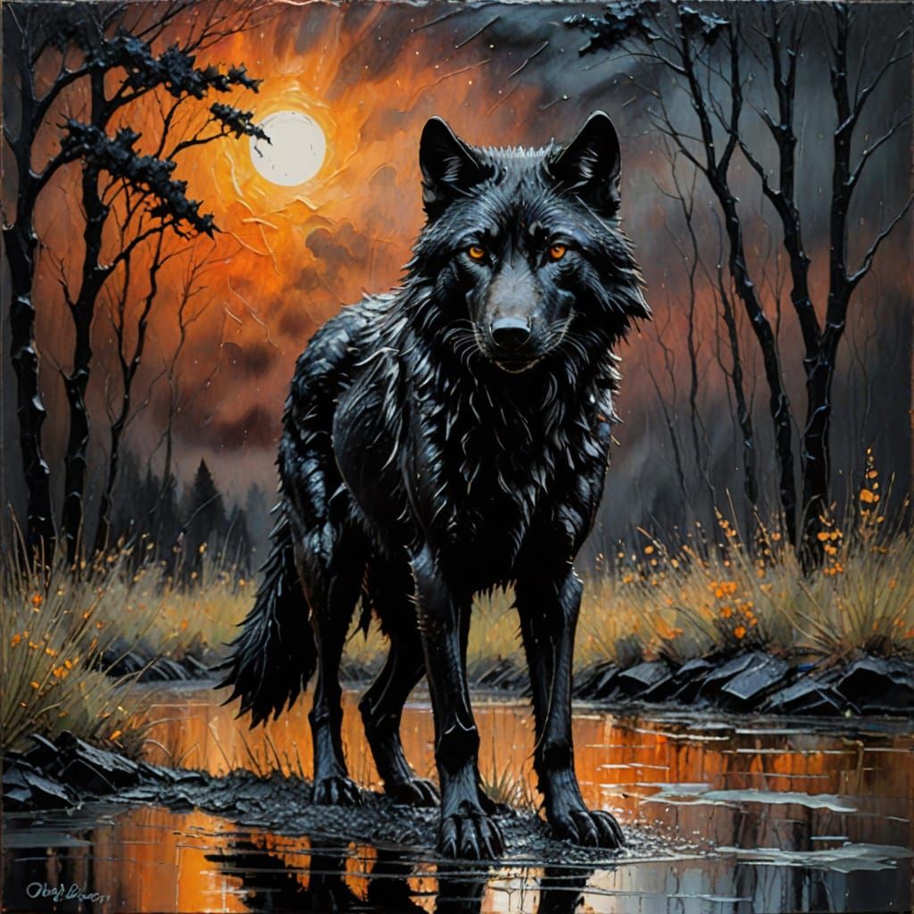 Black Wolf in Rainy Landscape as Encaustic Painting