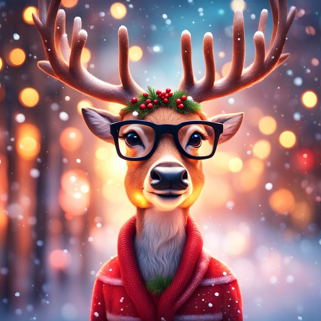 Hyperrealistic Hipster Deer with Christmas Lights in 16K