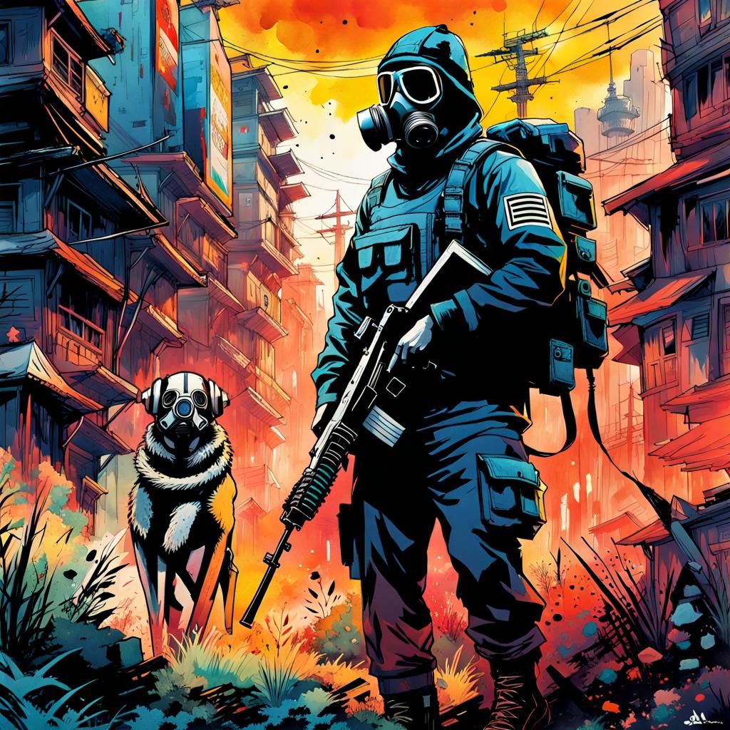 Post-Apocalyptic Soldier in Watercolor Style