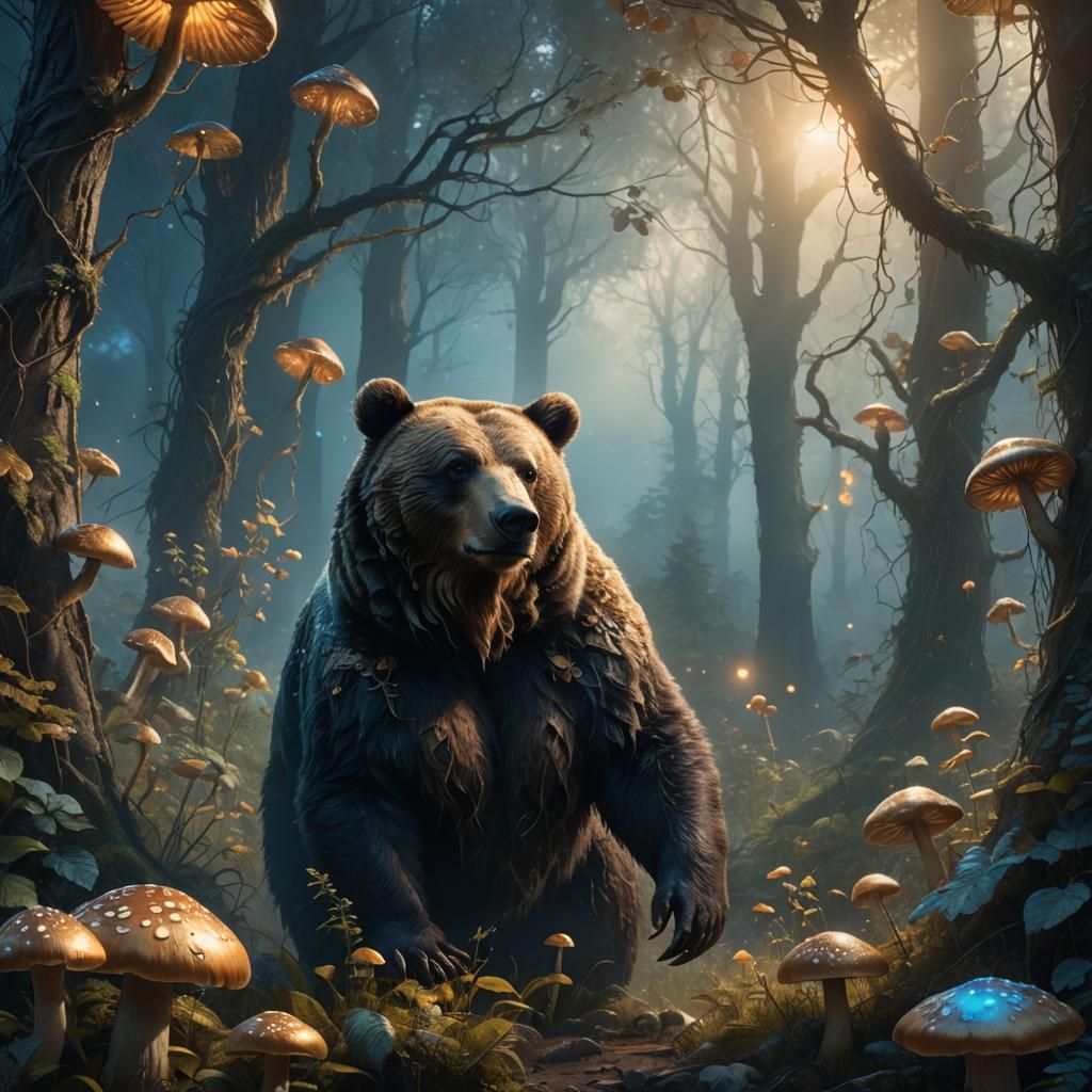 Bear in Misty Forest with Glowing Mushrooms