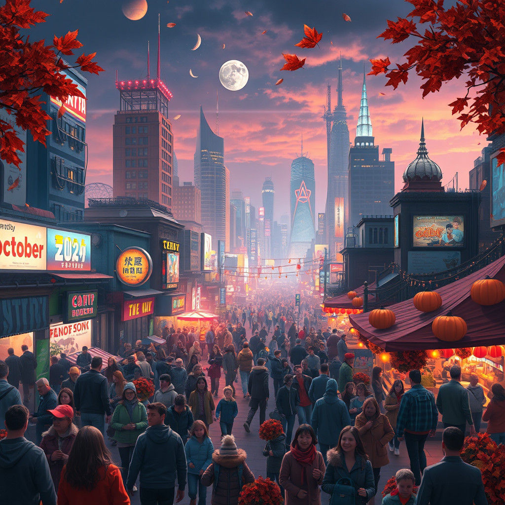 Festive Metropolis in October Night: Digital Matte Painting