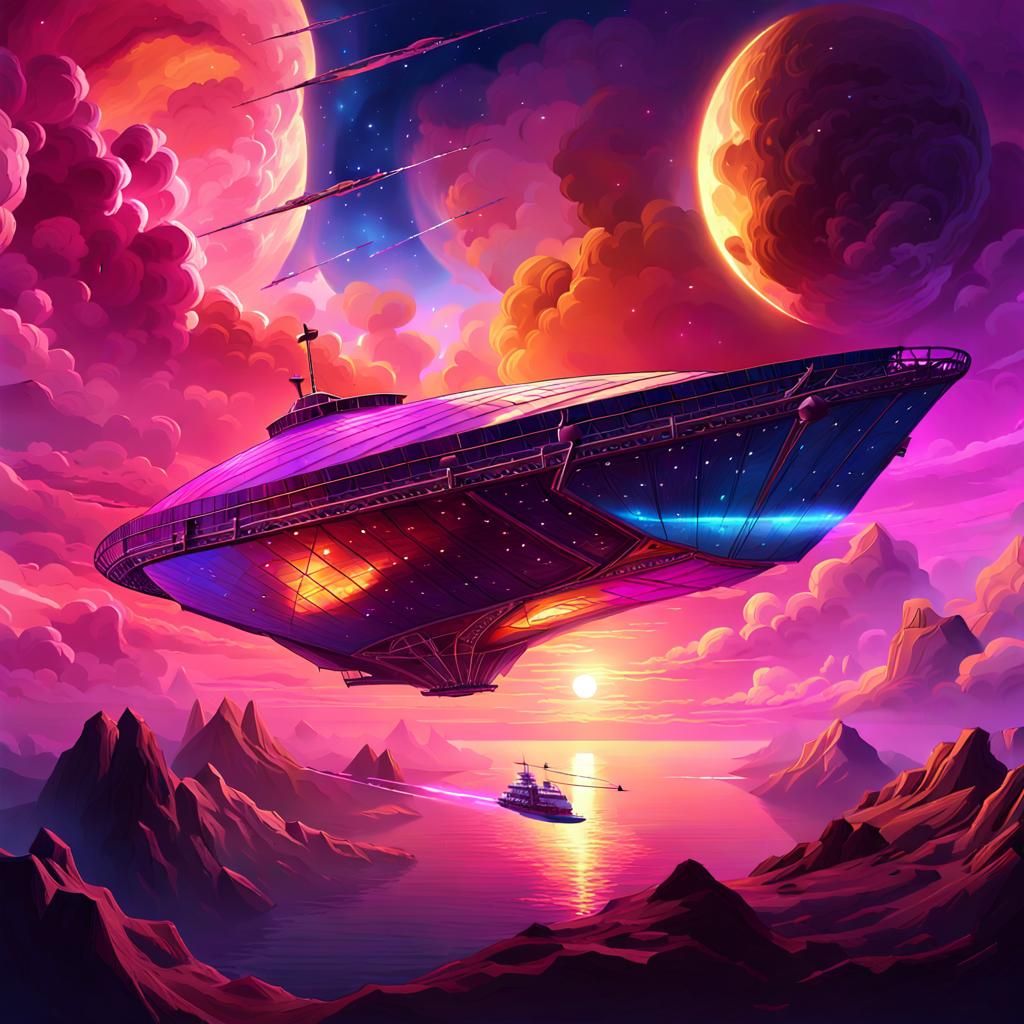 Space Cruise Ship Solar Sail at Sunset