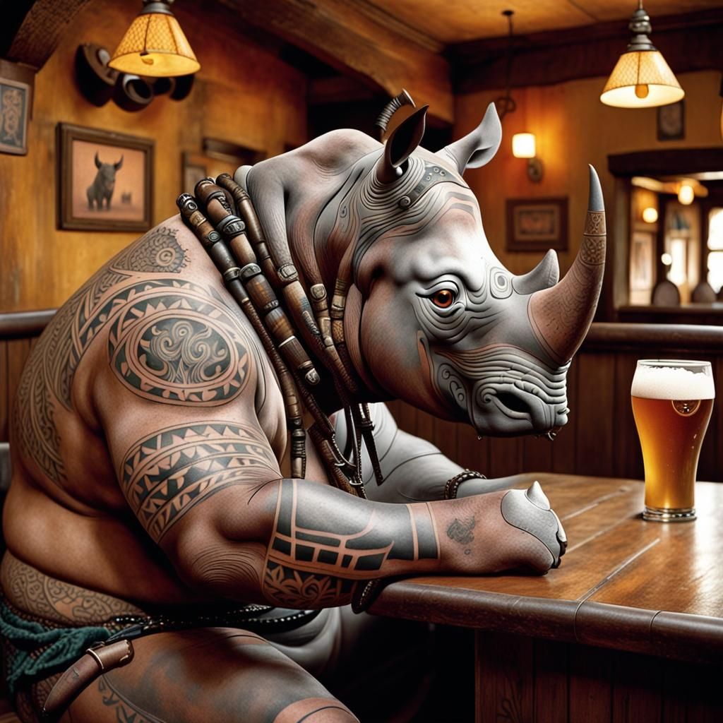 Rhino with Tribal Tattoos in Pub, Cartoon Style