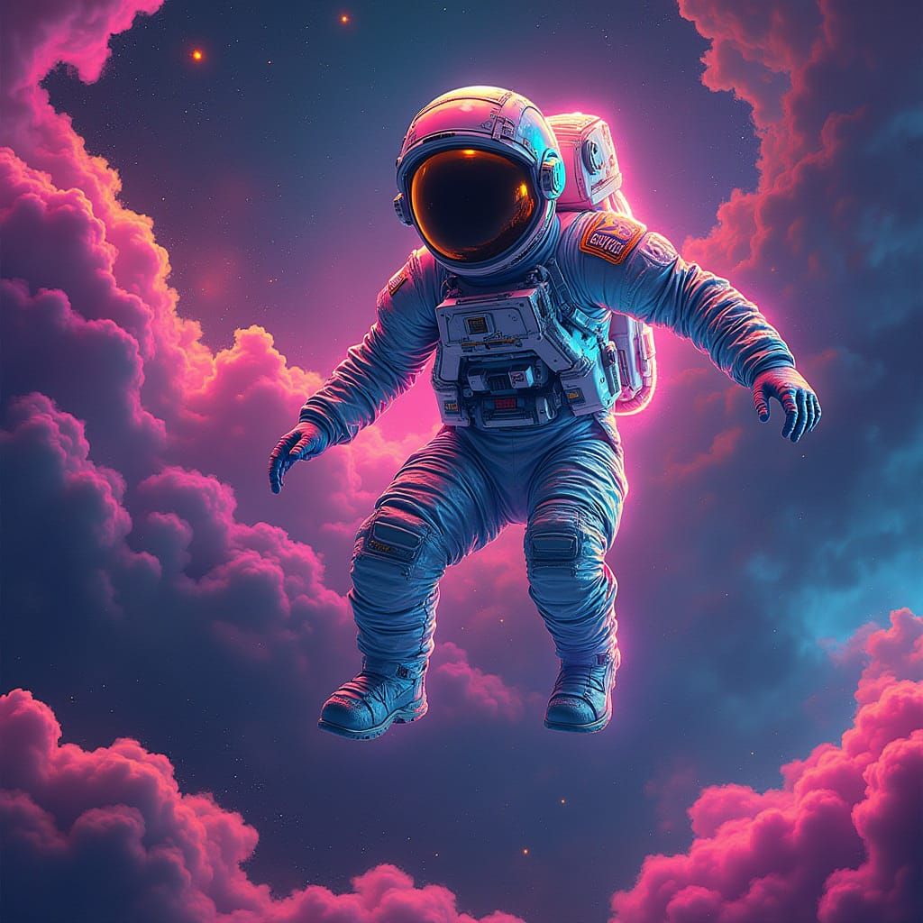Astronaut in Psychedelic Space Suit with Iridescent Clouds