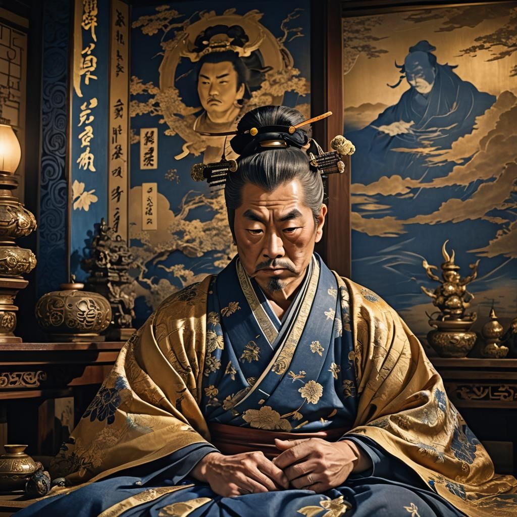 Contemplative Daimyo in Opulent Japanese Matte Painting