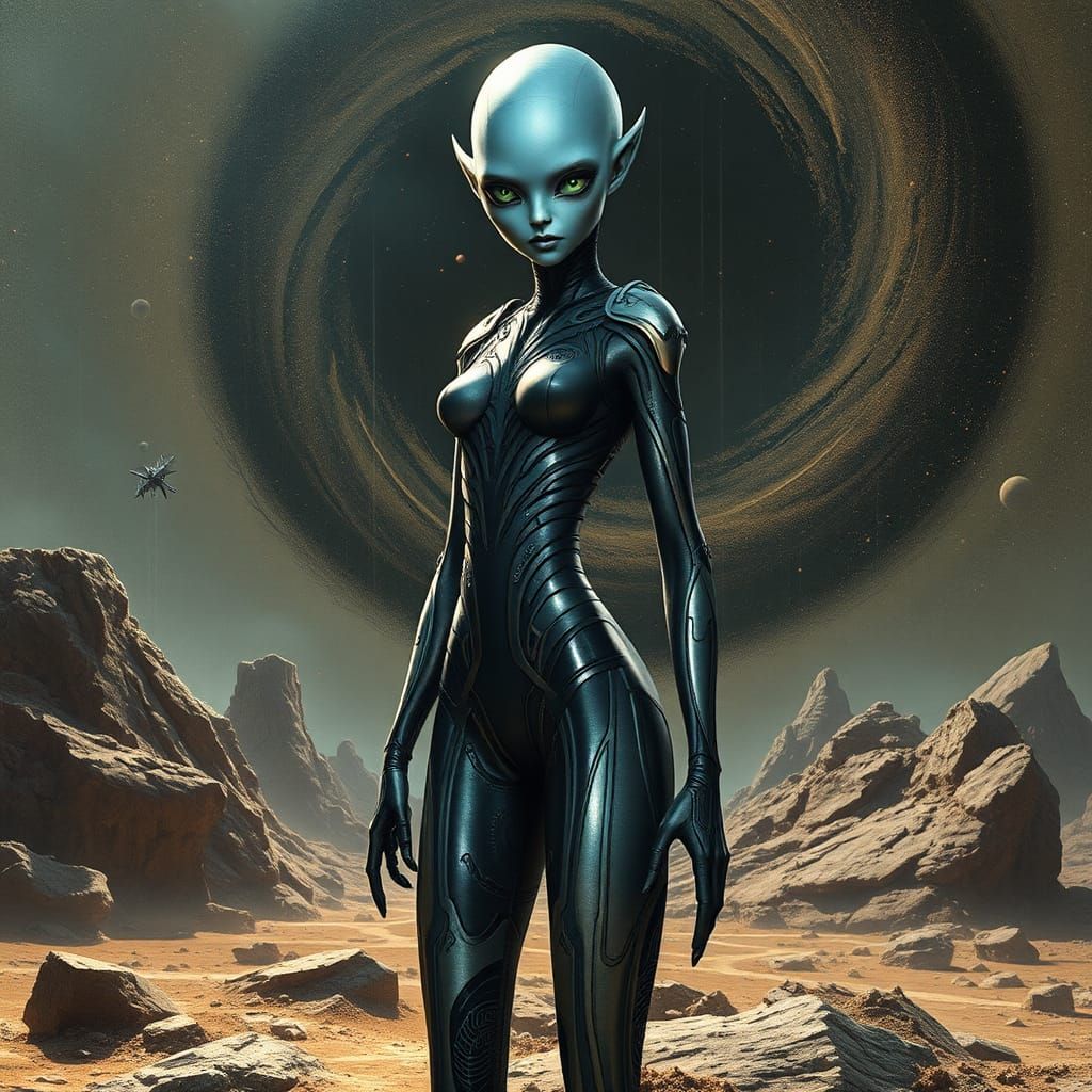 Iridescent Alien Woman on Asteroid in Biomechanical Art Deco...