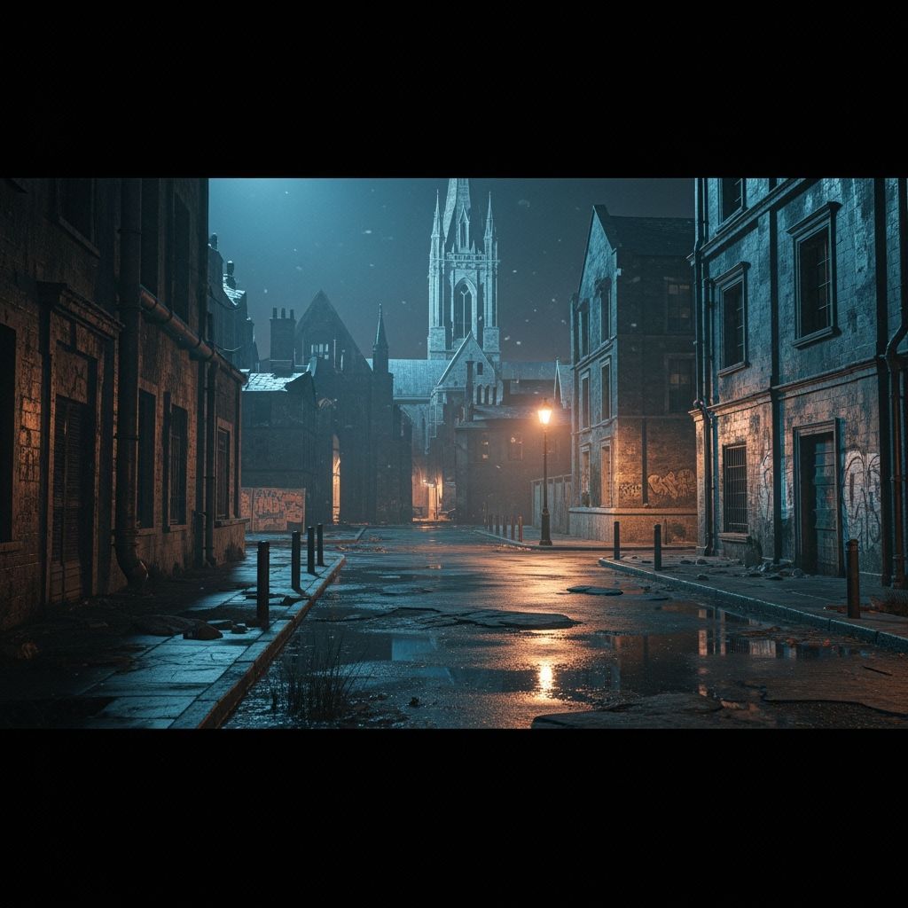 Gothic City Street at Night Cinematic Photograph
