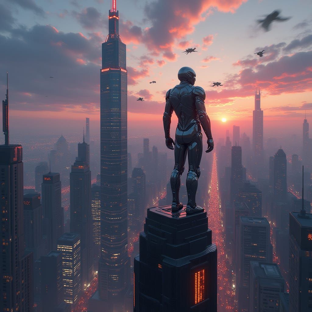 Futuristic Cityscape at Dusk in Photorealistic Comic Style