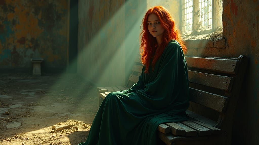 Woman in Decayed Church, Hyperrealistic Concept Art