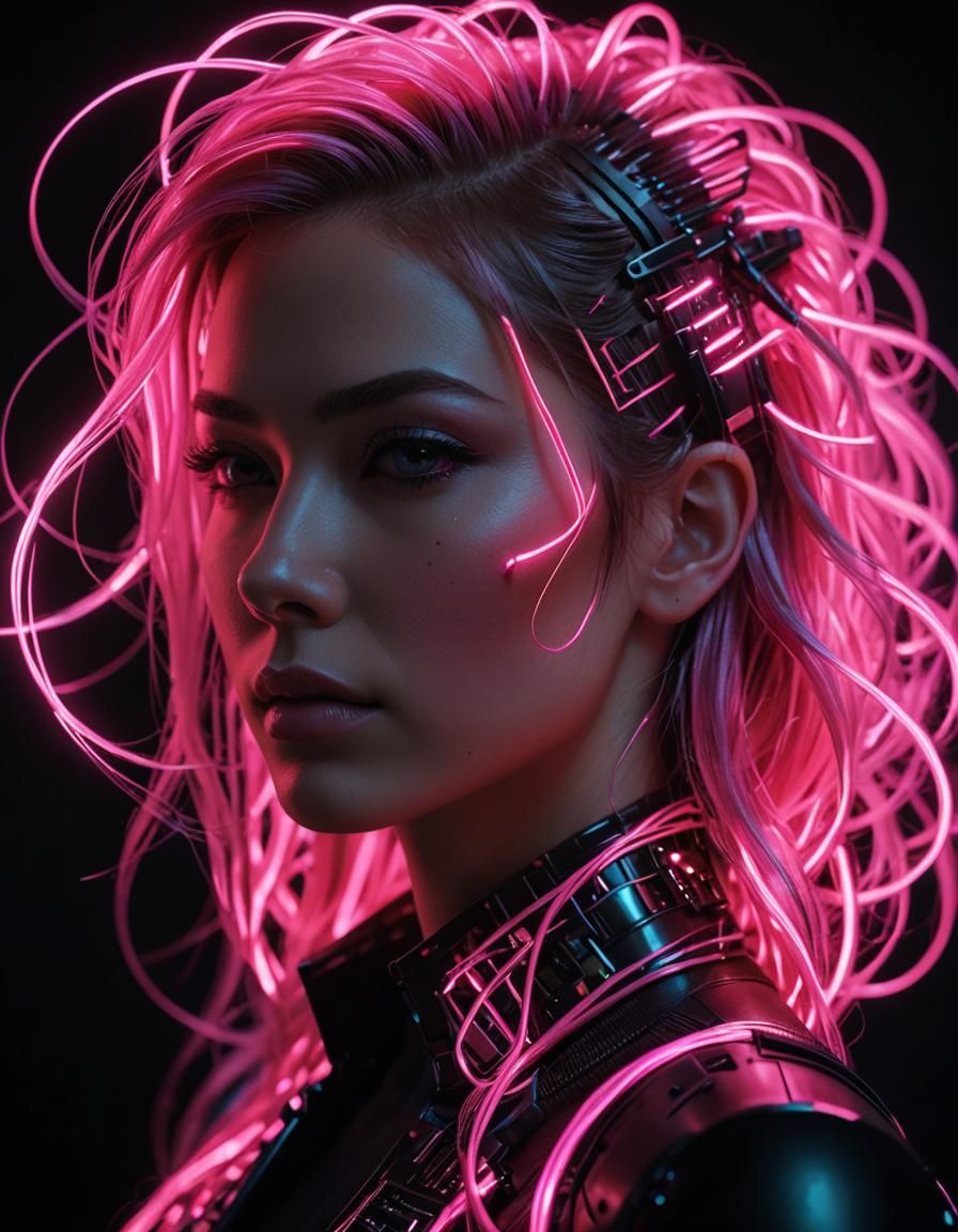 Girl with Glowing Cyberhair Portrait in Cyberpunk Style