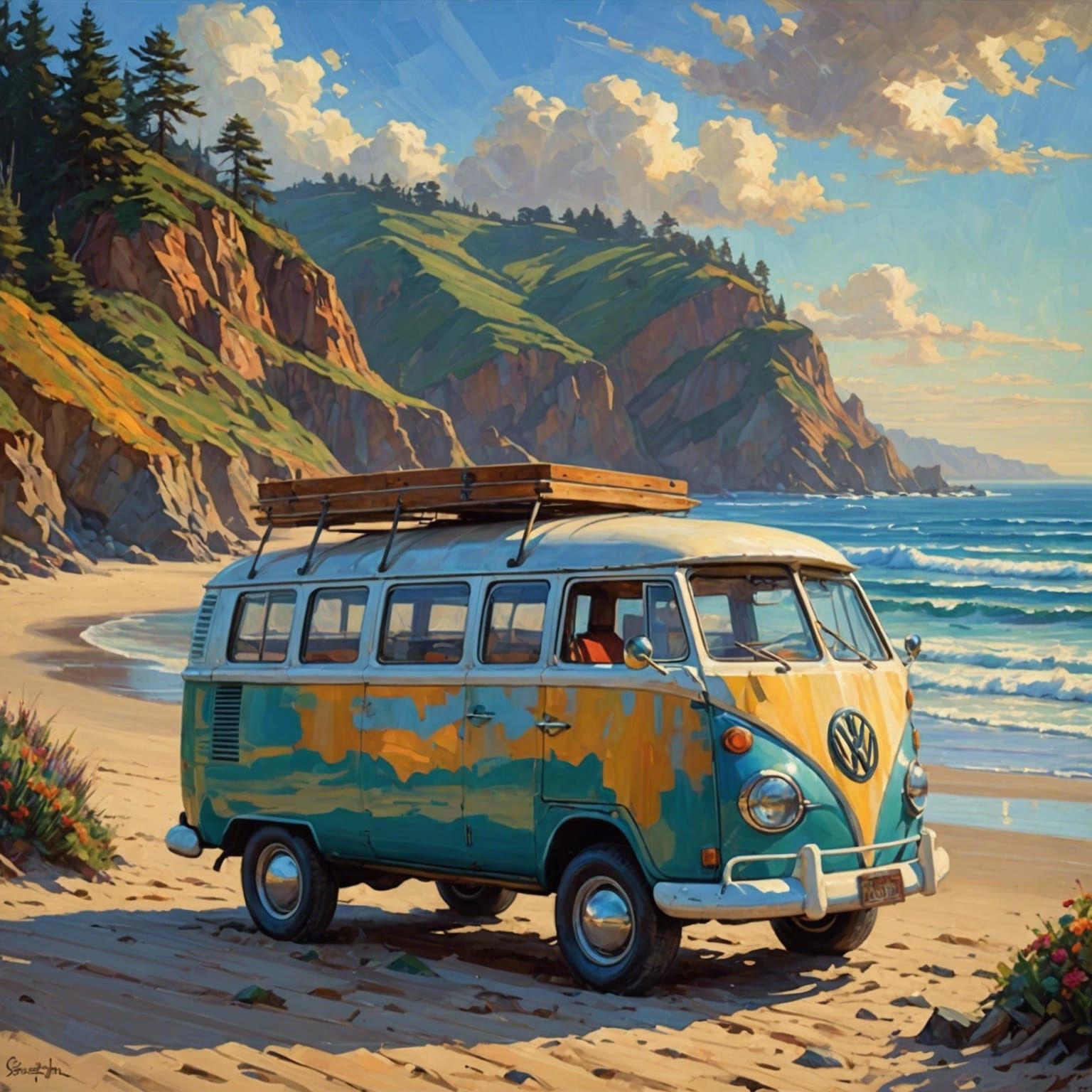 An old Volkswagen van parked at a sunny beach. Beautiful pac...