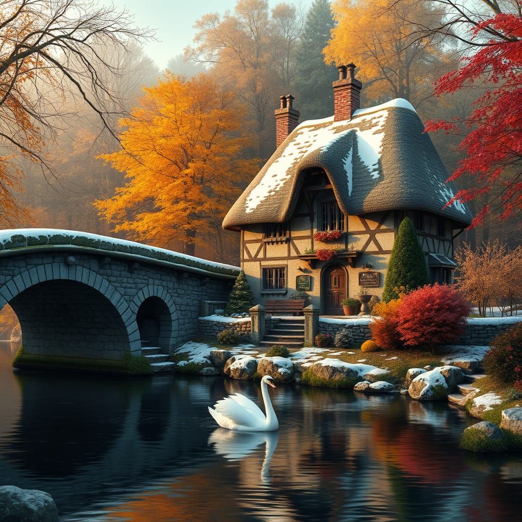 Whimsical English Cottage in a Golden Autumn Forest