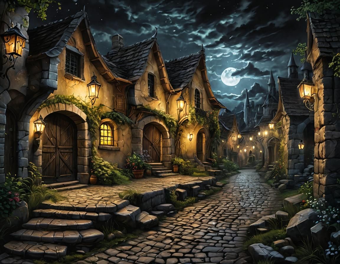 Moonlit Fantasy Village Acrylic Painting