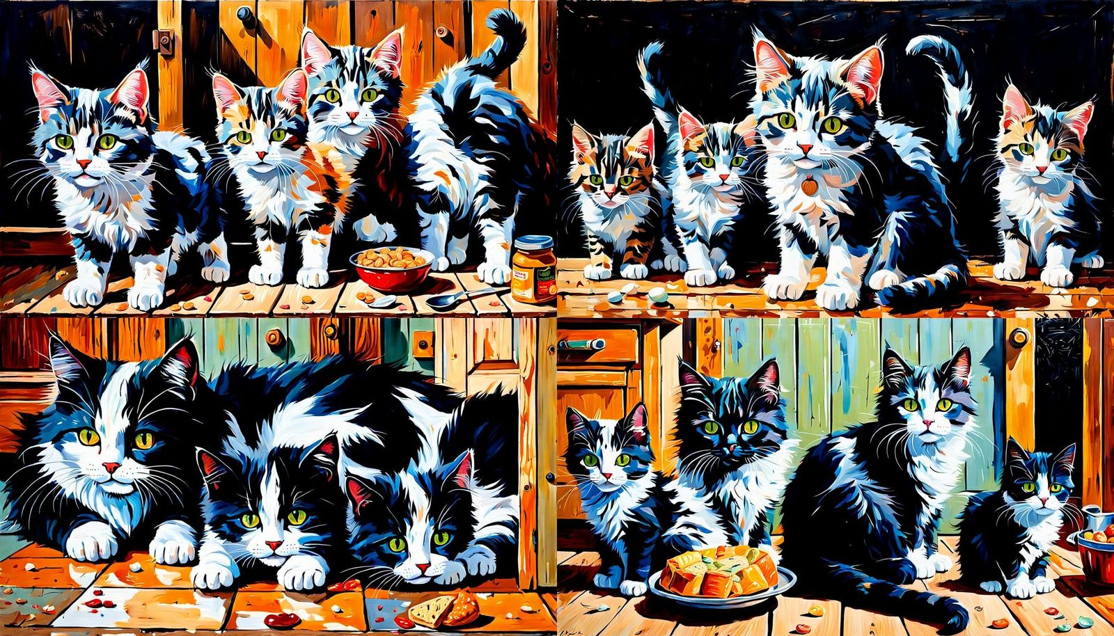Stray Cat Family Stealing Food: Acrylic Impasto