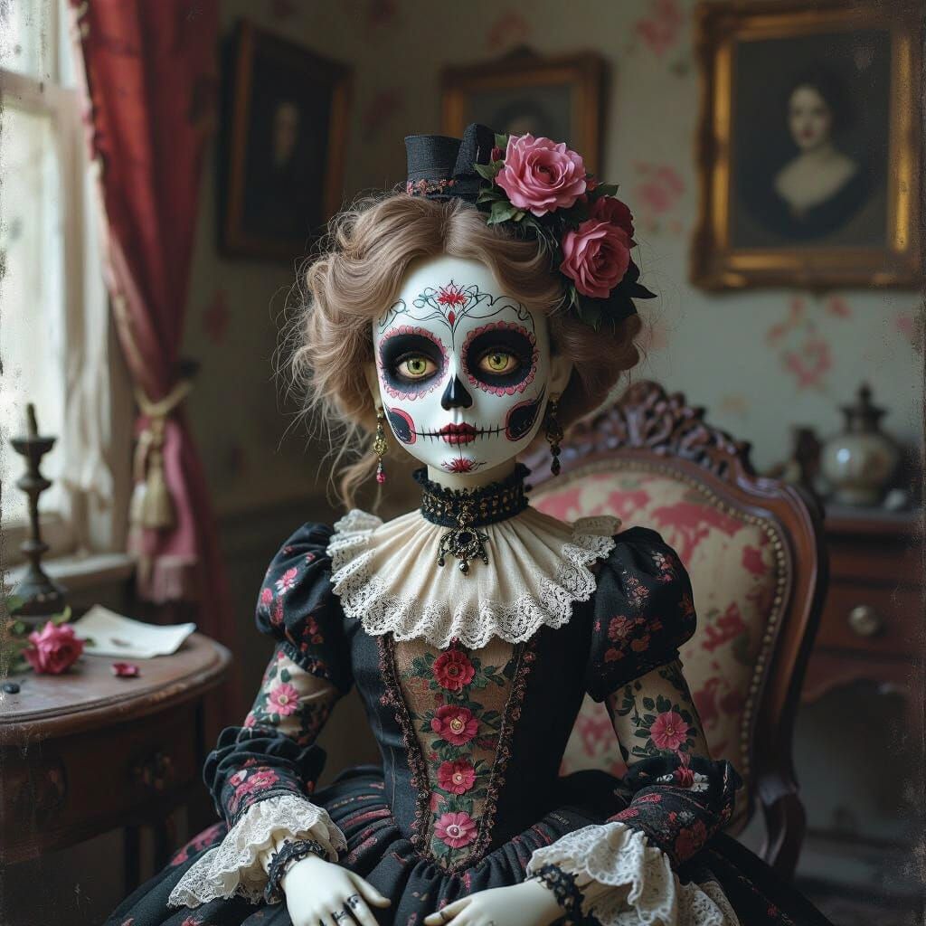 Sugar Skull Porcelain Doll in Victorian Parlor