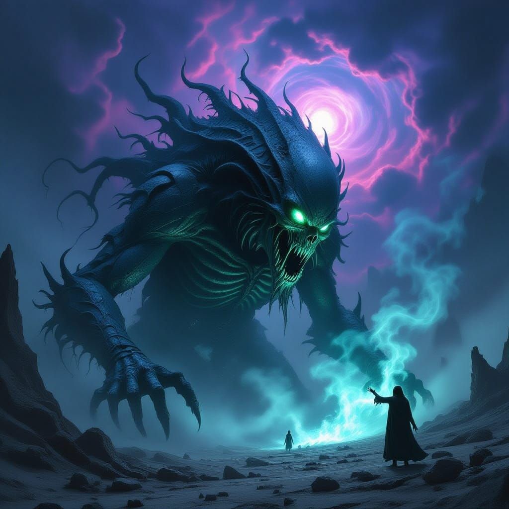 Eldritch Jabulon Devouring Masons in Cosmic Horror Style