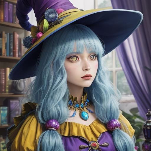 Anime Witch Girl with Colorful Hat and Dress