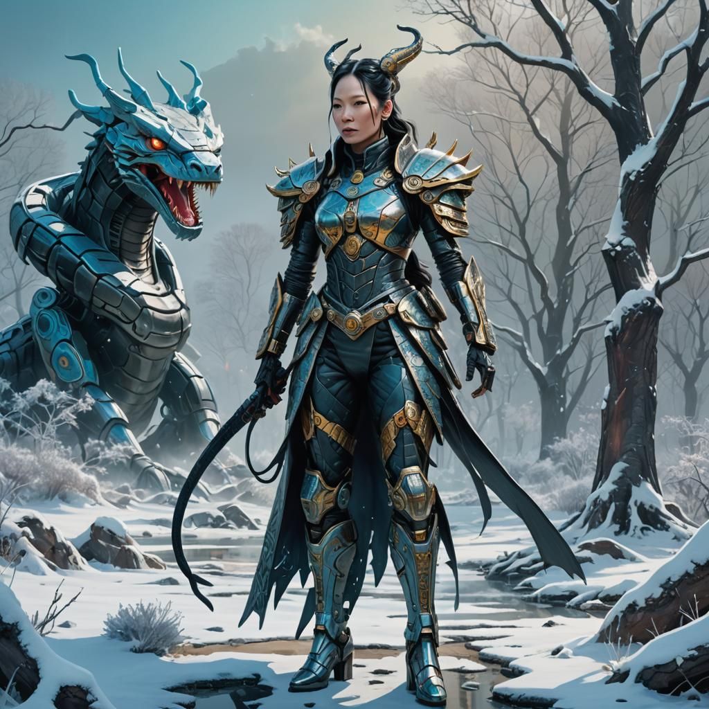 Lucy Liu as Snake Queen in Cyberpunk Winter Landscape