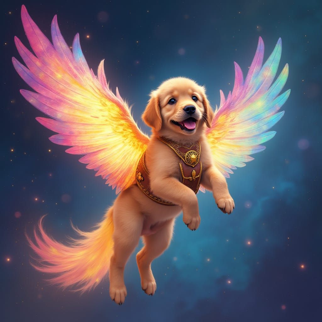 Puppy Rides Rainbow Phoenix Through Starry Nebula