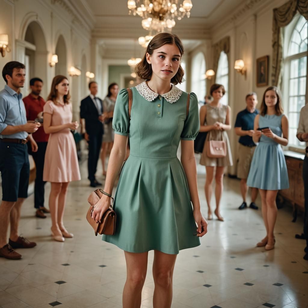 Elegant 19-Year-Old Woman in 60s Minidress Contemplates Happ...