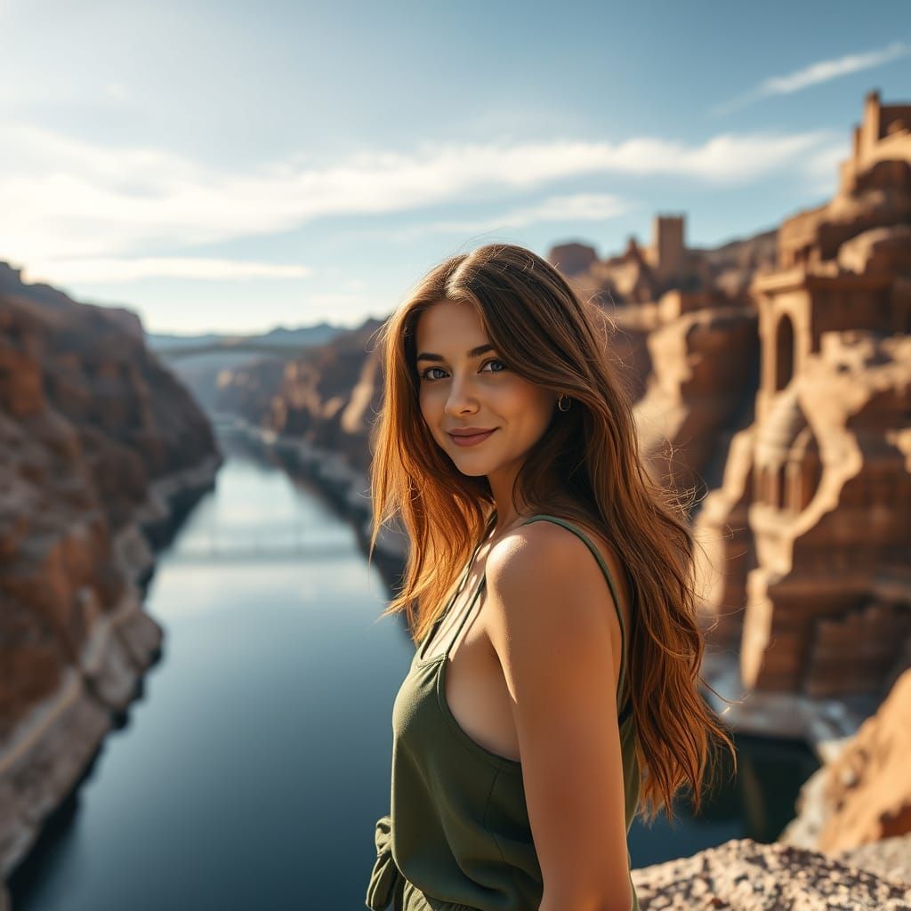 Elegant Young Woman Stands Beside Hoover Dam