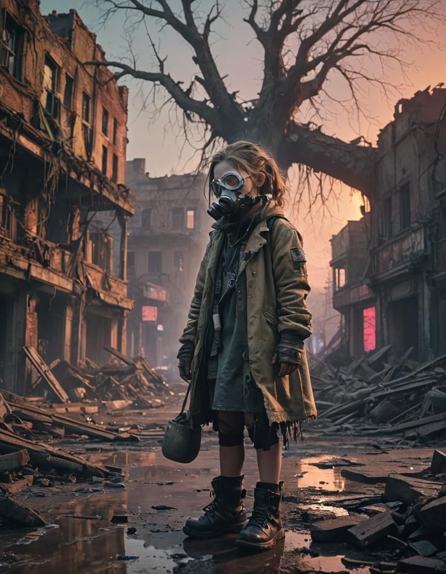 Dystopian Girl in Cyberpunk Ruins at Sunset
