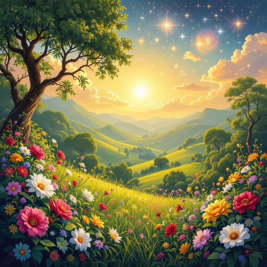 Lush Landscape with Celestial Lights in Dreamy Style