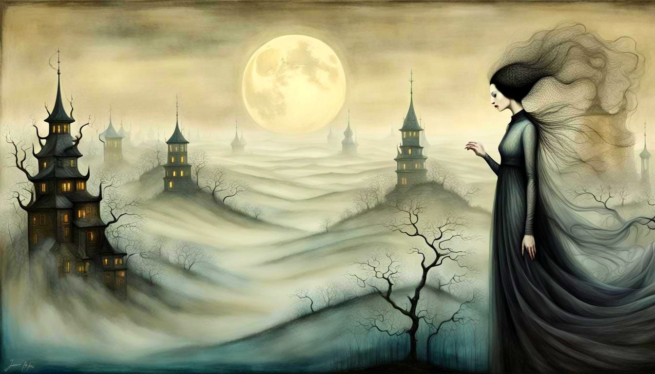 Banshee in Foggy Moonscape, Oil Gouache Style