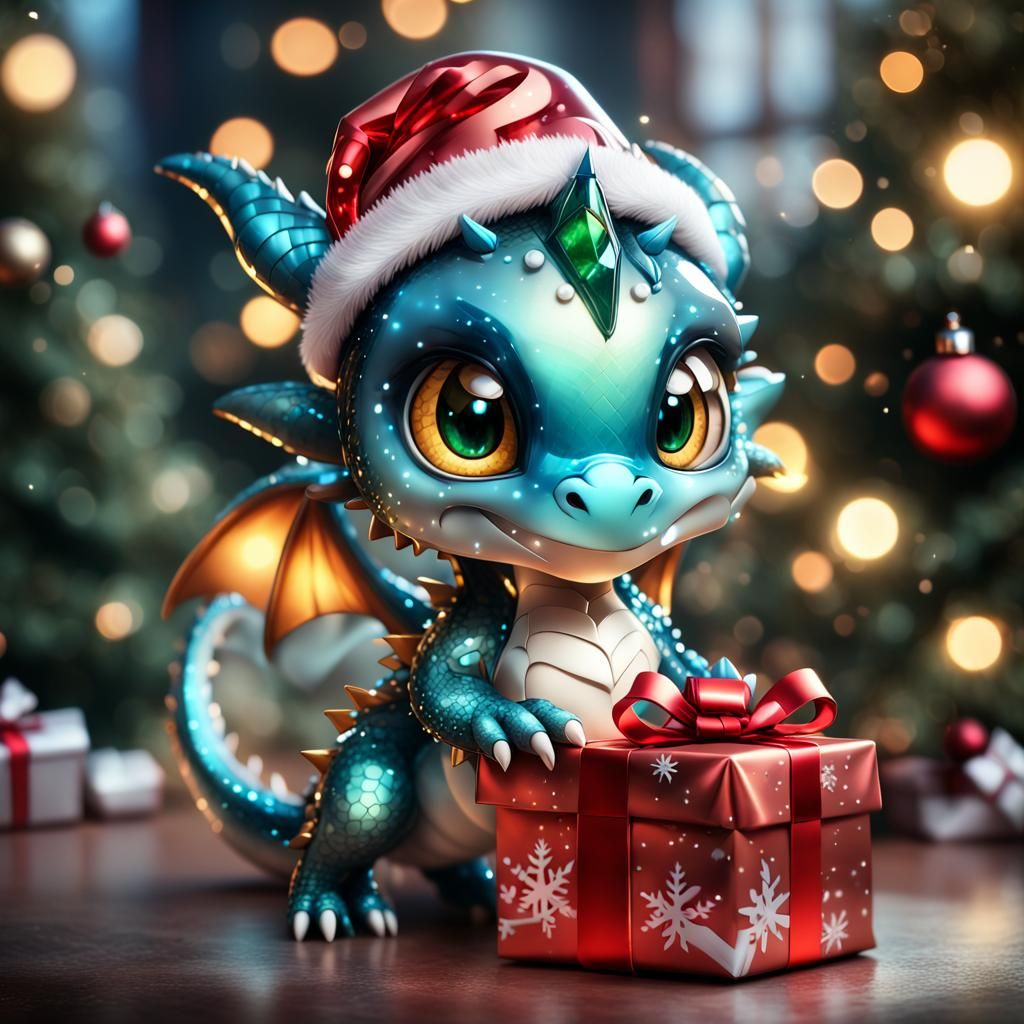 Crystalline Chibi Dragon in Christmas Scene