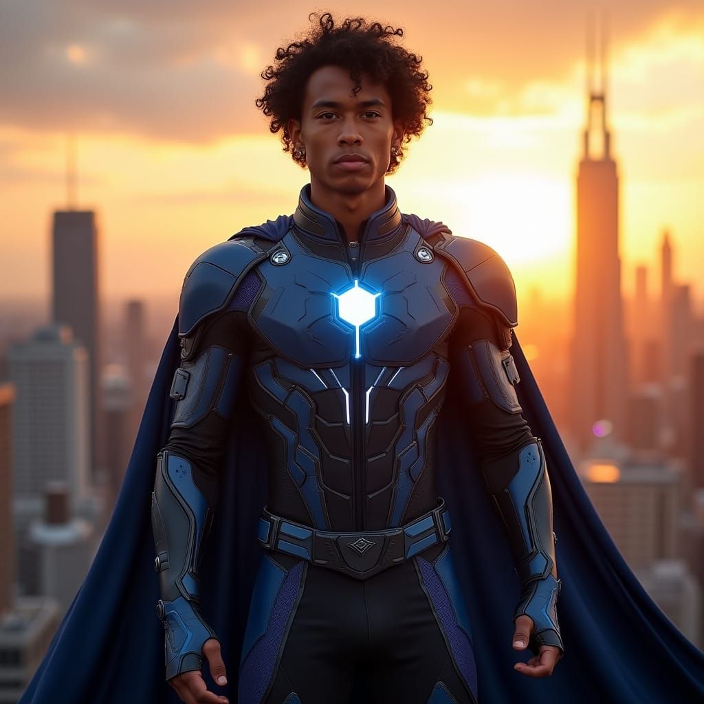 Heroic Young Superhero Standing Tall in Futuristic Cityscape...