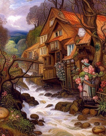 Apocalyptic River Landscape Inspired by Pre-Raphaelite Style