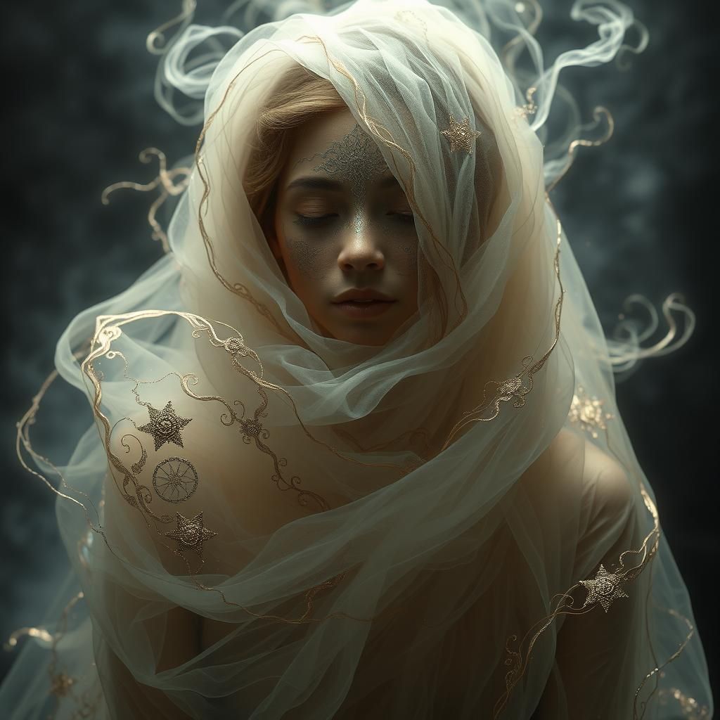 Mystical Woman Shrouded in Iridescent Mist
