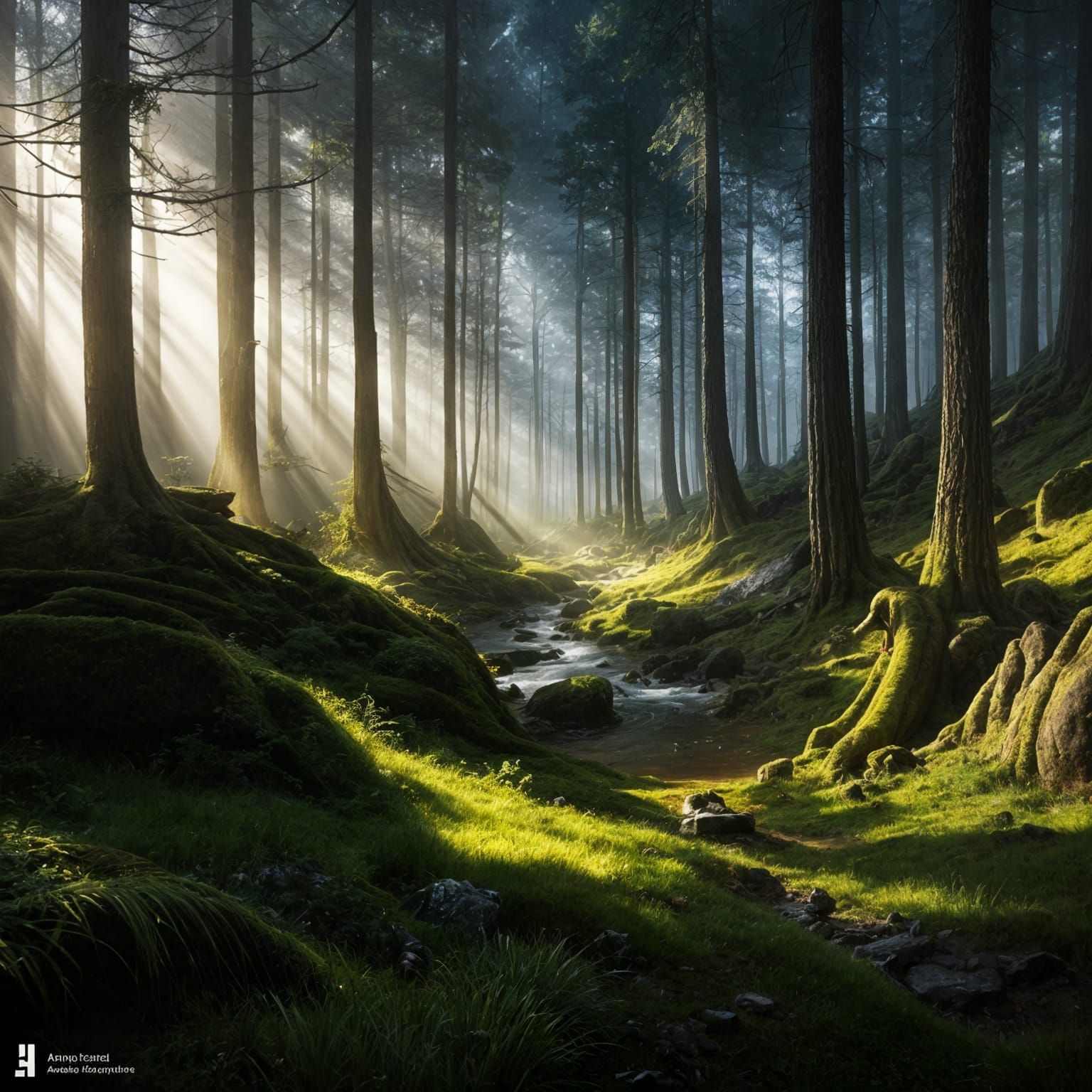 Enchanted Forest Landscape with God Rays