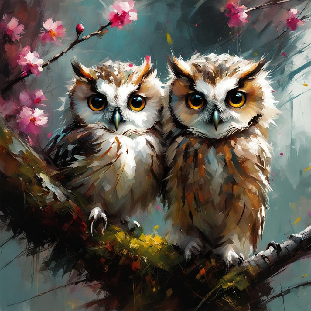Baby Owls on Cherry Blossom Tree Painting