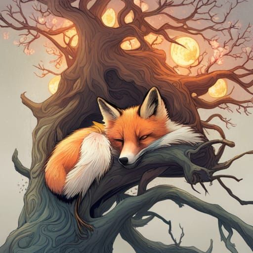 Sleeping Fox in Fairy Garden, Detailed Art