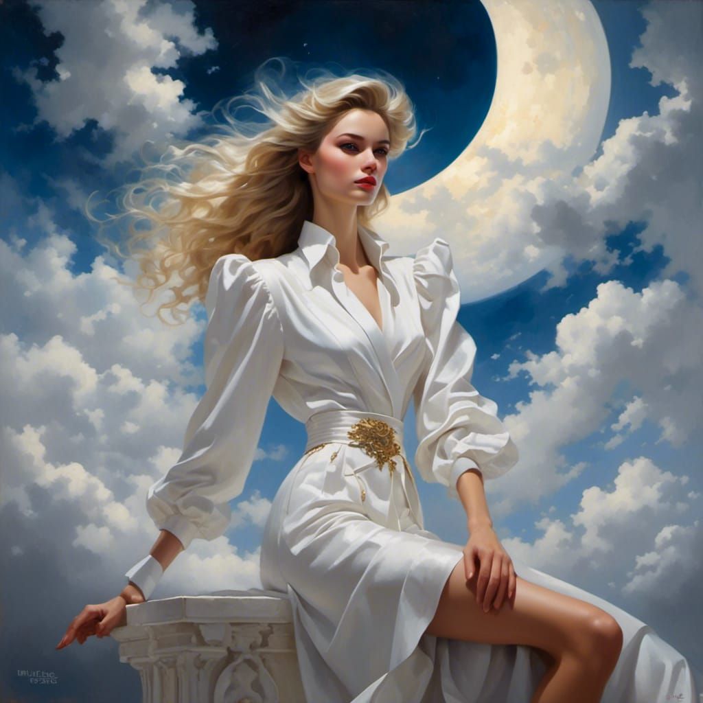 White Dragon and Woman in Dark Fantasy Style