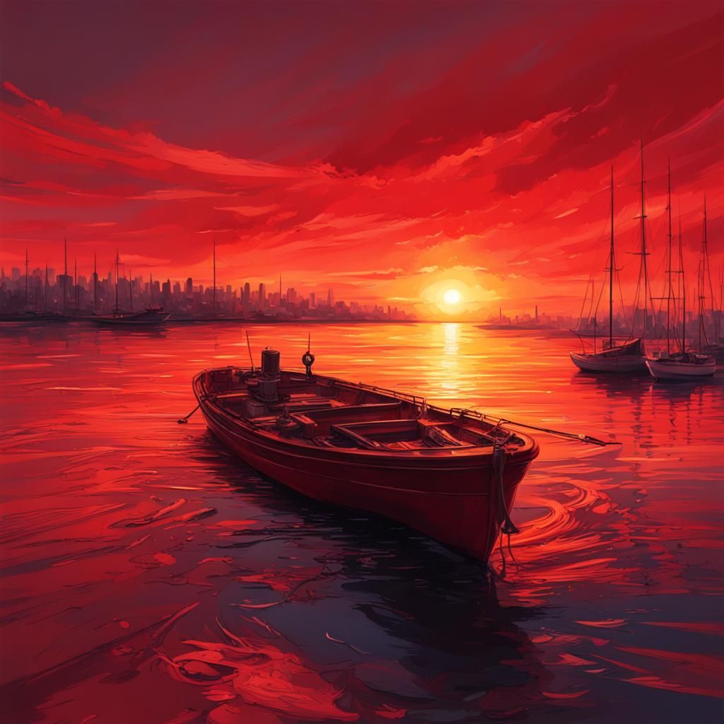 Hyperrealistic Red Sunset Over the Bay