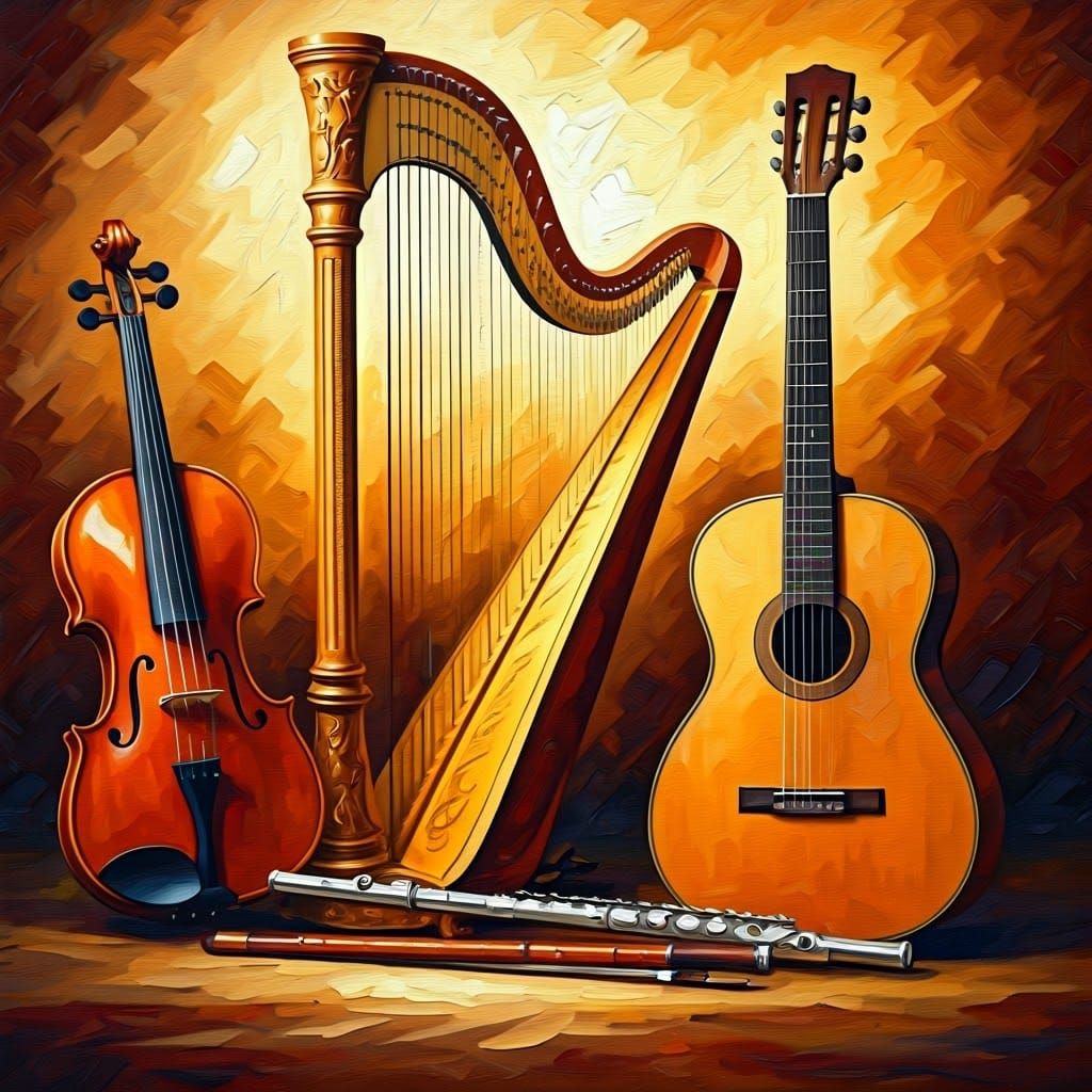 Musical Instruments in Golden Light: An Impressionist Oil Pa...