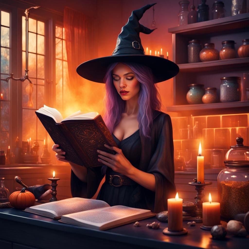 Witch Reads Spellbook in Modern Kitchen, Hyperrealistic