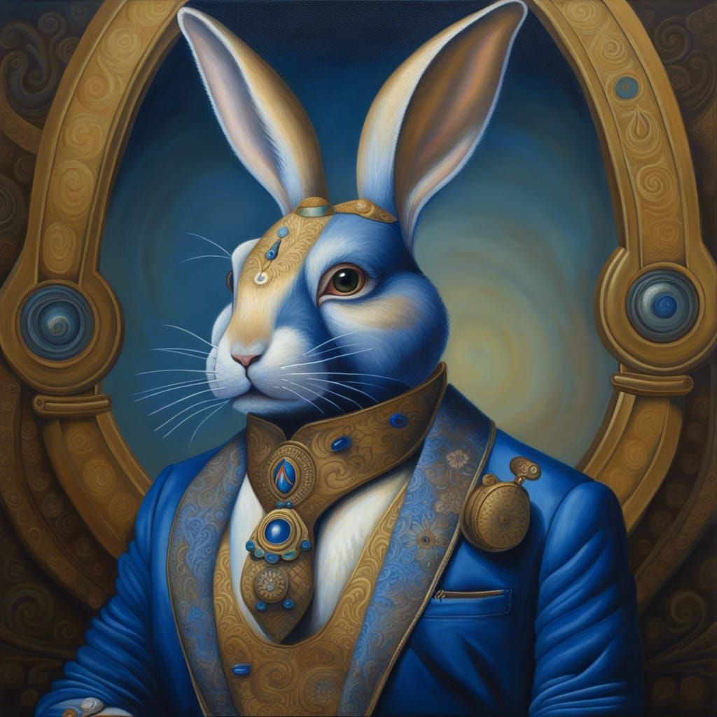 Surreal Rabbit Portrait in Ultramarine and Gold