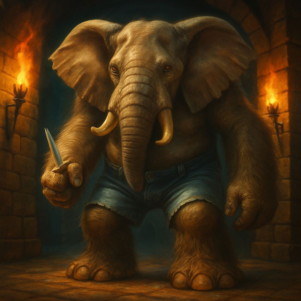 Giant Hairy Elephant Warrior with Sword in Torchlit Dungeon