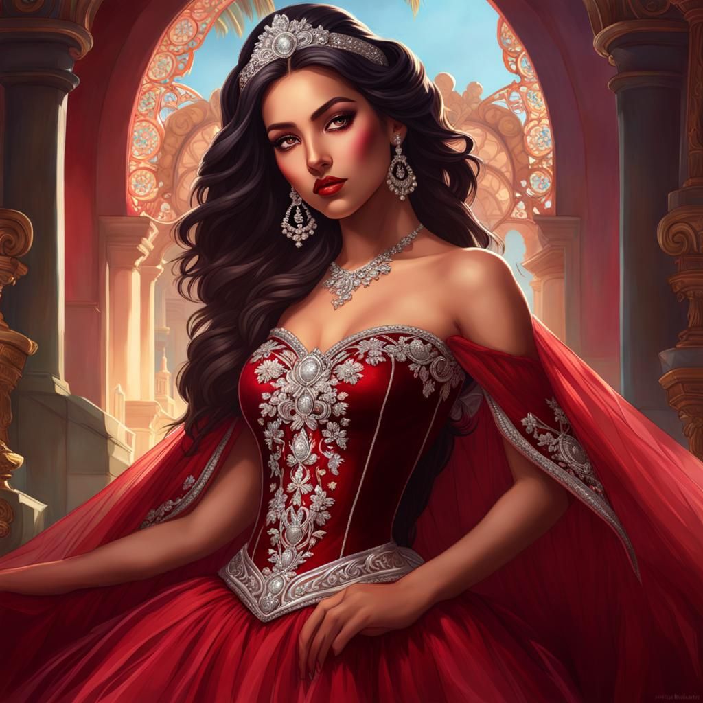 Teen Girl in Red Gown, Digital Art Portrait