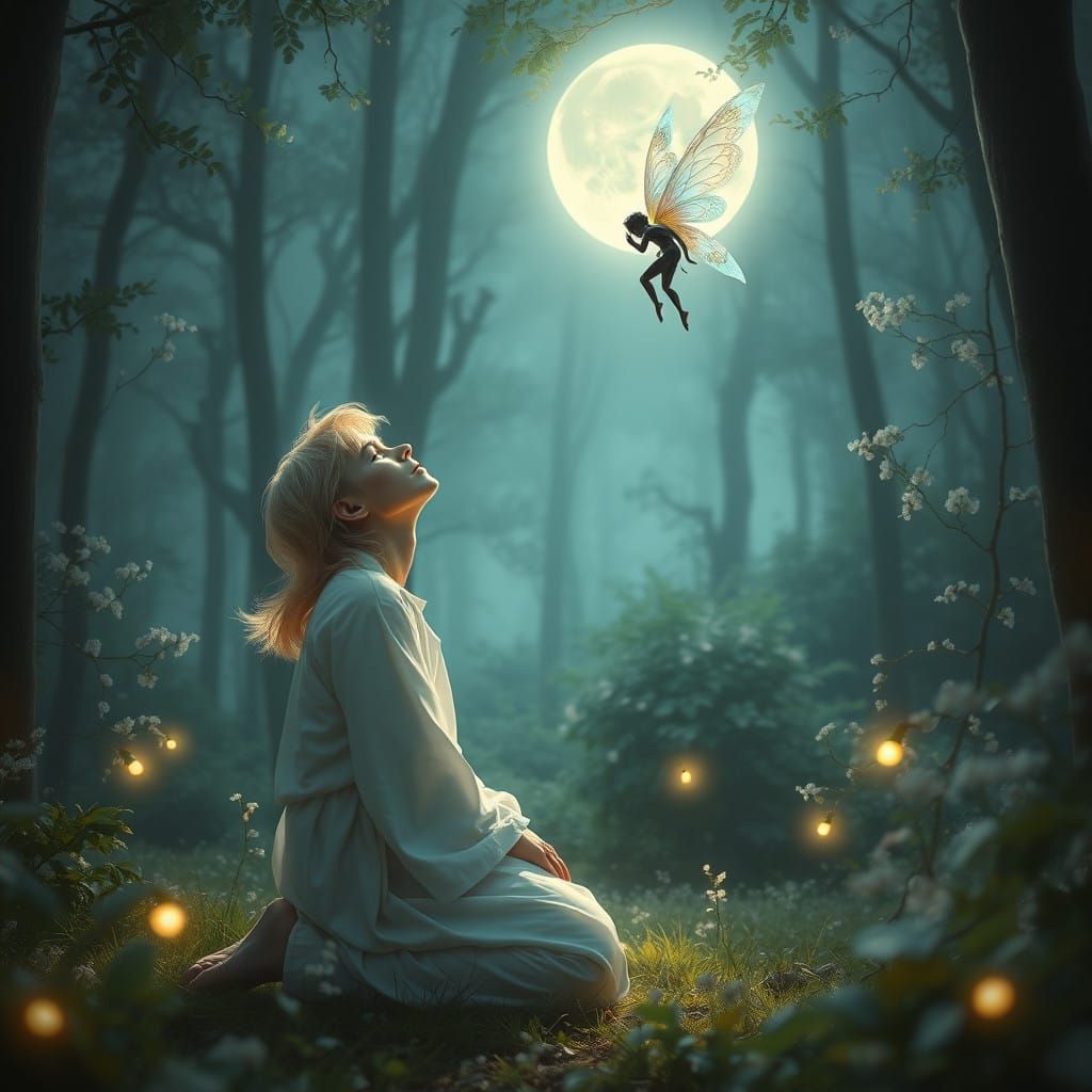 Moonlit Forest Encounter with a Glowing Fairy