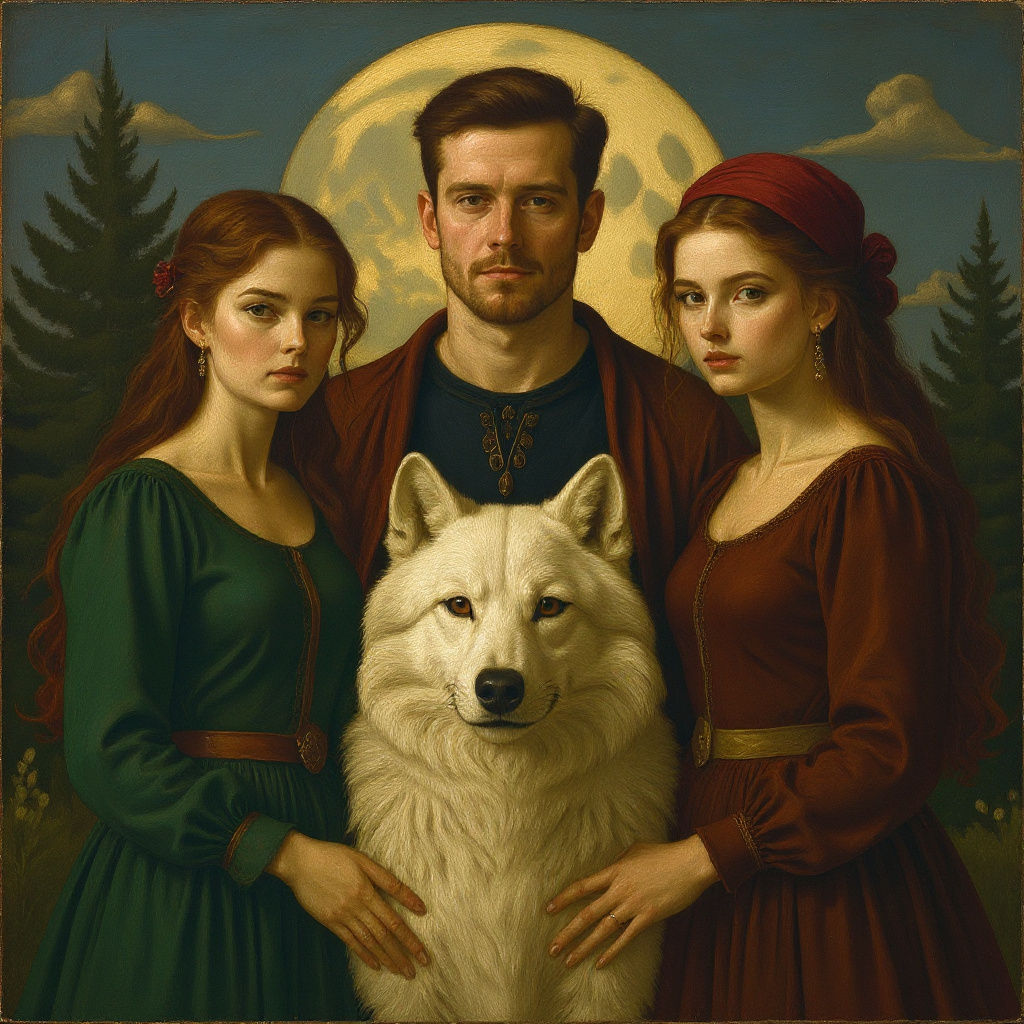Renaissance Woman and White Wolf Under Moonlight