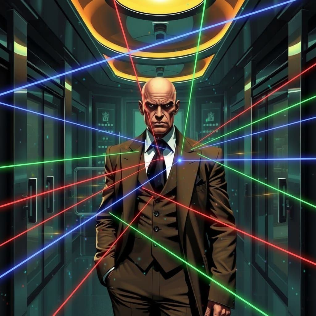 A sleek supervillain's penthouse with steel doors and laser ...