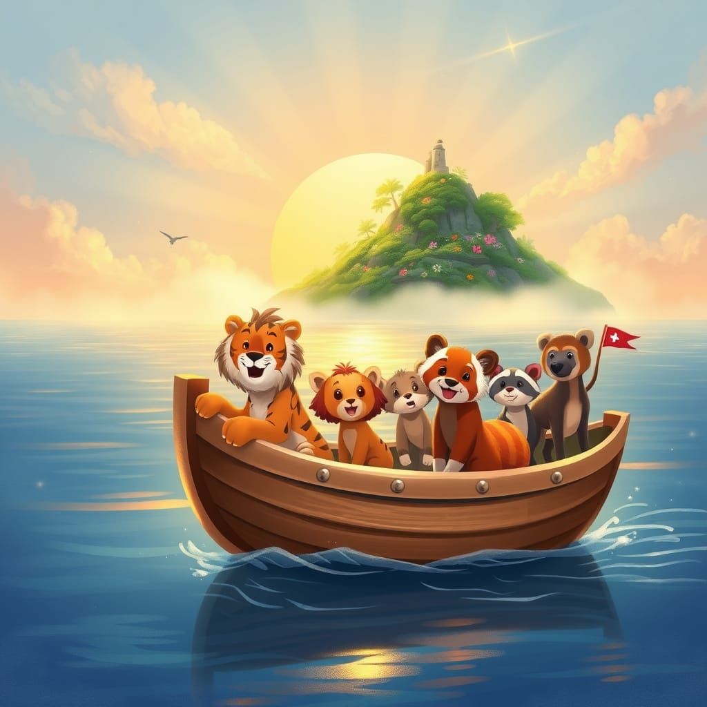 Magical Sunrise Fairytale Boat with Animals on Calm Ocean
